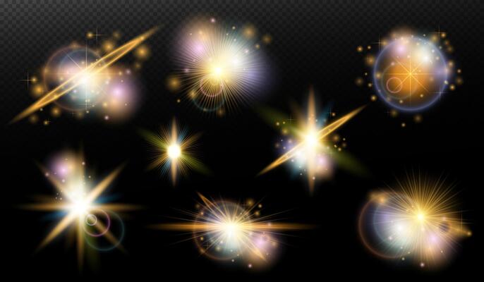 set of glowing stars. and light effects on a black background