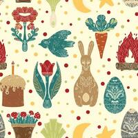 a seamless pattern, with rabbits, eggs and other items vector