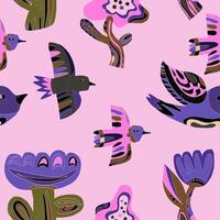 a pattern with birds and flowers on a pink background vector