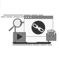 A computer with a link icon and a magnifying glass vector