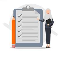 A woman in hijab is standing next to a checklist with a pencil and a pen vector