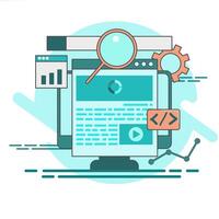 A computer screen with a magnifying glass and other items vector