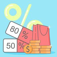 A shopping bag with a discount sign and a stack of coins vector