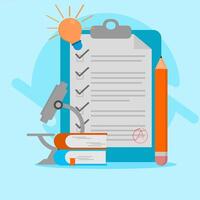 A checklist, pencil, and a light bulb are on a clipboard vector