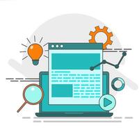 A laptop with a light bulb and a magnifying glass vector