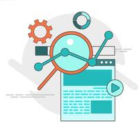 A magnifying glass and a are shown on a computer screen vector