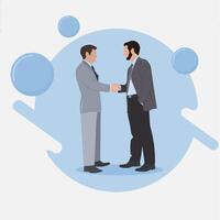 Two men shaking hands in front of a blue circle vector