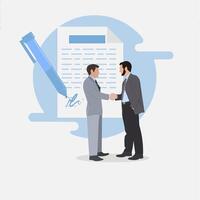 Two men shaking hands over a document with a pen vector