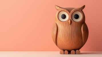 Minimalist Wooden Owl Figure on Soft Coral Background Perfect for Home Decor and Nature-Inspired Spaces photo