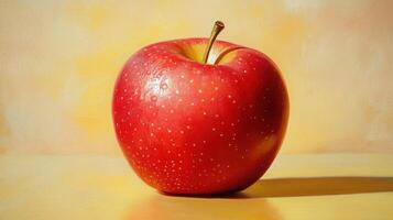 A Bright Red Apple on a Soft Yellow Background Perfect for Illustrating Healthy Food Options and Fresh Produce in Marketing Campaigns photo