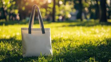 Stylish Blank Tote Bag Mockup Perfect for Eco-Friendly Promotions in a Park photo