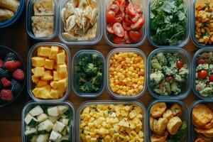 Variety of Assorted Food Items in Plastic Containers for Meal Prep or Catering photo