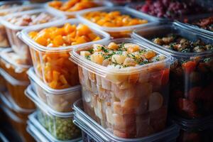 A Colorful Array of Assorted Food in Plastic Containers Suitable for Meal Prep and Catering Events photo