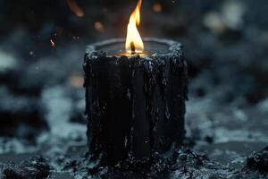 Black Candle with Melting Wax Creating a Dark Atmosphere for Relaxation and Ambiance photo