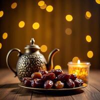 Ramadan Iftar Concept Arabic Tea and Dates on Wooden Table photo