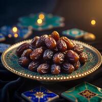 Authentic Iftar Moment A Bowl of Dates with a Glowing Lantern photo