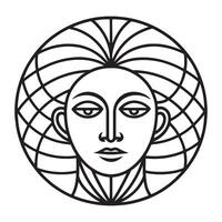 Geometric Line Art Portrait of a Woman. A stylized, black and white line art portrait of a woman's face and head, set within a circular frame with intricate geometric patterns. vector