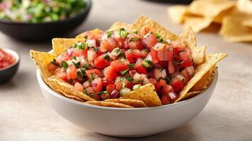 A delicious bowl of nachos served with fresh salsa on a light gray background, ideal for food blogs, menus, and social media posts featuring Mexican cuisine. photo
