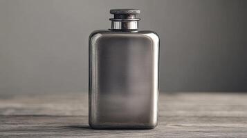 Elegant Minimalist Silver Travel Flask Perfect for On-the-Go Hydration and Stylish Coffee Breaks in Soft Gray Background photo