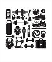 Fitness Gear gym equipment silhouette illustration with a white background . set of black and white icons. vector
