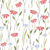 Simple seamless flowers and leaves. Spring and summer background with small flower. Botanical illustration minimal style. vector