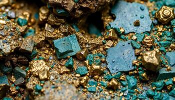 A close-up of gold and turquoise ore. The metallic gold contrasts beautifully with the earthy turquoise tones. Useful for themes related to geology, mining, and precious materials. photo