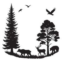silhouettes of landscape with deer in forest and mountain vector