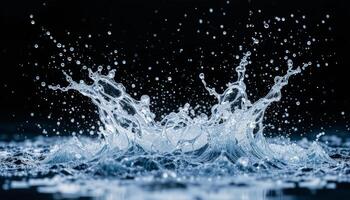 Dynamic water splash against a dark background. Suitable for themes like purity, freshness, motion, or impactful visual effects. photo