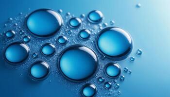 Close-up view of gleaming blue water droplets on a surface, reflecting light to emphasize purity and freshness, suitable for wellness or skincare beauty marketing. photo