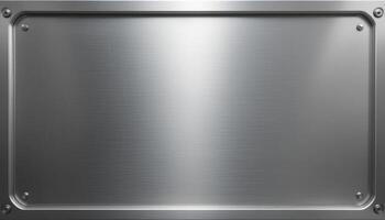 A brushed metal plate with screws at the corners, creating a textured and industrial look. Useful for backgrounds, design elements, and representing strength and durability. photo