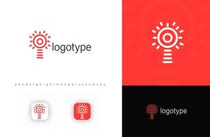 Linear lighthouse logo with circular energy rays, symbolizing creativity, innovation, bright ideas. Ideal for startups, technology firms, education, brainstorming platforms. logo vector