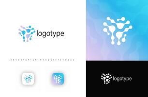 Fluid molecular network logo with organic shapes and fusion dots, symbolizing science, AI, digital connectivity. Ideal for biotech, healthcare, artificial intelligence, datascience. logo vector