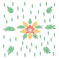 Central Flower with Leaves and Rain Dashes Botanical Design Natural Elements Isolated White Background Decorative Use vector