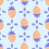 Seamless peach pattern with blue leaves on a pastel background. Ideal for textiles, packaging, wallpaper, and modern design projects vector