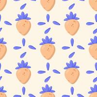 Seamless peach fruit pattern with blue leaves on a soft background. Perfect for textiles, packaging, wallpaper, and branding. Modern, elegant, and minimalistic design with fresh organic vibes vector