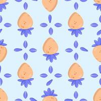 Seamless pattern featuring stylized peaches with blue leaves on a soft pastel blue background. Perfect for textile design, packaging, wallpaper, and modern branding projects vector