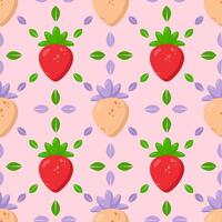 Seamless strawberry pattern with red and pastel berries on a soft pink background. Delicate botanical design featuring fresh leaves and elegant symmetry. Ideal for textiles, packaging, wallpaper vector
