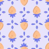 Seamless peach pattern with blue leaves on a soft lilac background. Ideal for fabric, packaging, wallpaper, and branding vector