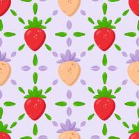 Seamless strawberry pattern with red and golden berries, fresh green leaves, and lilac accents on a soft background. Ideal for textiles, packaging, wallpaper, and branding vector