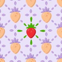 Seamless strawberry pattern with red and golden berries on a soft lavender background. Ideal for textiles, wallpapers, packaging, wrapping paper, and branding projects vector
