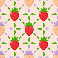 Seamless strawberry pattern with red and golden berries, green leaves, and lilac accents on a pastel background. Perfect for textile, packaging, wallpaper, and branding vector