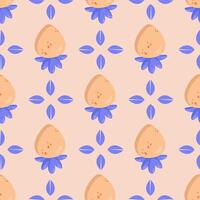 Seamless peach strawberry pattern with soft pastel colors, delicate leaves, and a minimalist design. Perfect for textiles, packaging, wallpapers, and branding vector