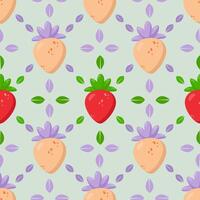 Seamless strawberry pattern with red and pastel berries on a soft green background. Elegant botanical design featuring fresh leaves and delicate symmetry. Perfect for textiles, packaging vector