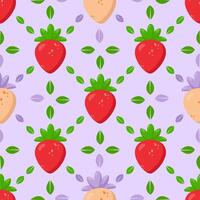 Seamless strawberry pattern with bright red and pastel berries on a soft purple background. Vibrant botanical design with green leaves and symmetrical elements, perfect for textiles, packaging vector