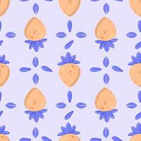 Seamless peach pattern with blue leaves on a soft lavender background. Perfect for fabric, wallpaper, packaging, and branding vector