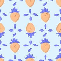 Seamless peach pattern with blue leaves on a soft pastel background. Ideal for fabric, wallpaper, packaging, and branding vector