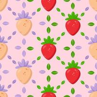 Elegant seamless strawberry pattern with red and pastel berries on a soft pink background. Fresh leaves and delicate details create a trendy botanical design. Perfect for textiles, packaging vector