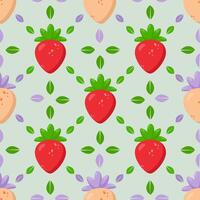 Seamless strawberry pattern with vibrant red and pastel berries on a soft green background. Elegant botanical design featuring symmetrical elements and fresh leaves, perfect for textiles, packaging vector