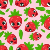 Seamless strawberry pattern with happy faces on a pink background. Perfect for packaging, textiles, wallpapers, and branding vector