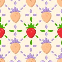 Seamless strawberry pattern featuring red and golden berries, green leaves, and lilac details on a soft pastel background. Ideal for textiles, packaging, branding, wallpaper, and stationery vector